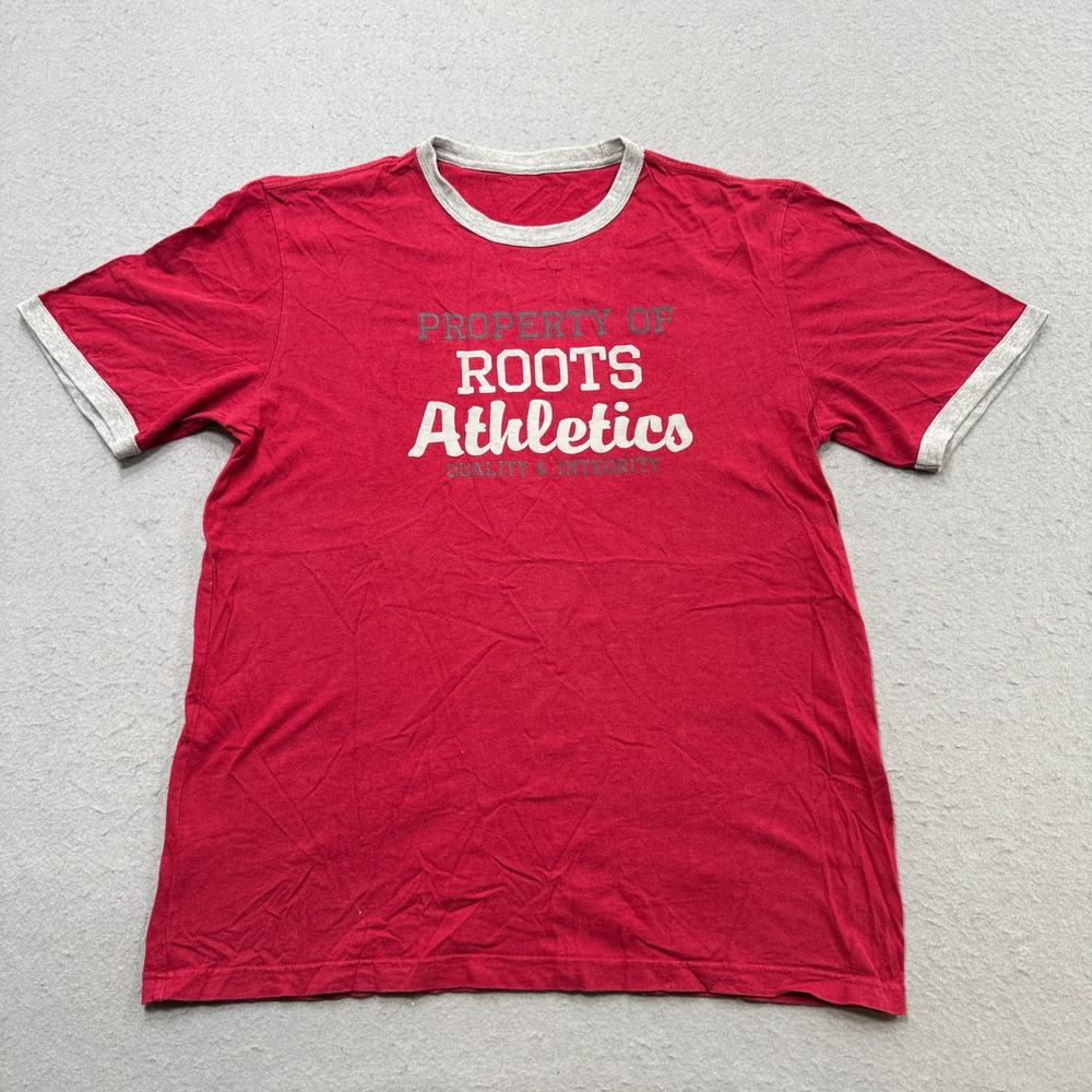 Roots Athletics T-Shirt Men's Large Red Ringer Short Sleeve Varsity Streetwear